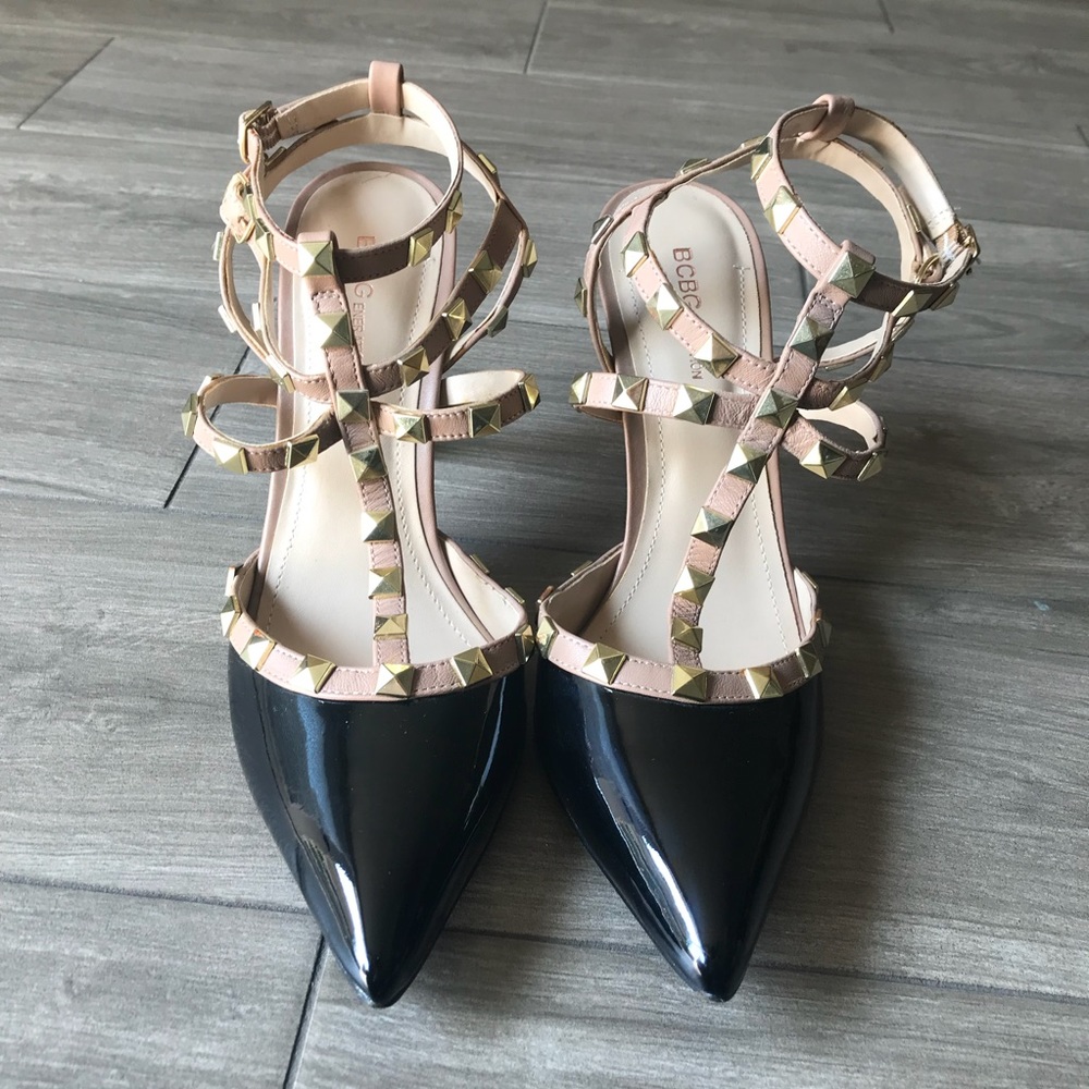 BCBG Patent Leather Gold Studded Pointed Toe Pumps